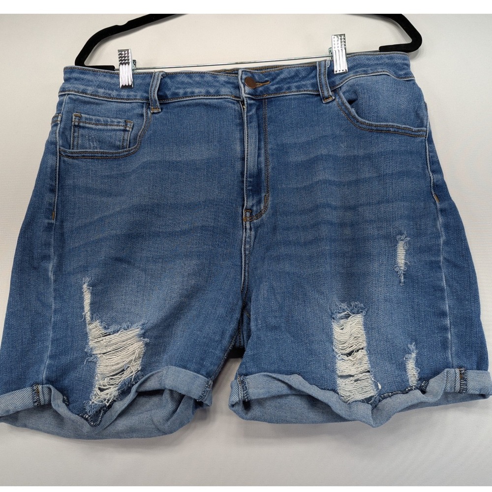 Fashion Nova Distressed Denim Shorts Medium Wash High Rise Cuffed 2XL 7151